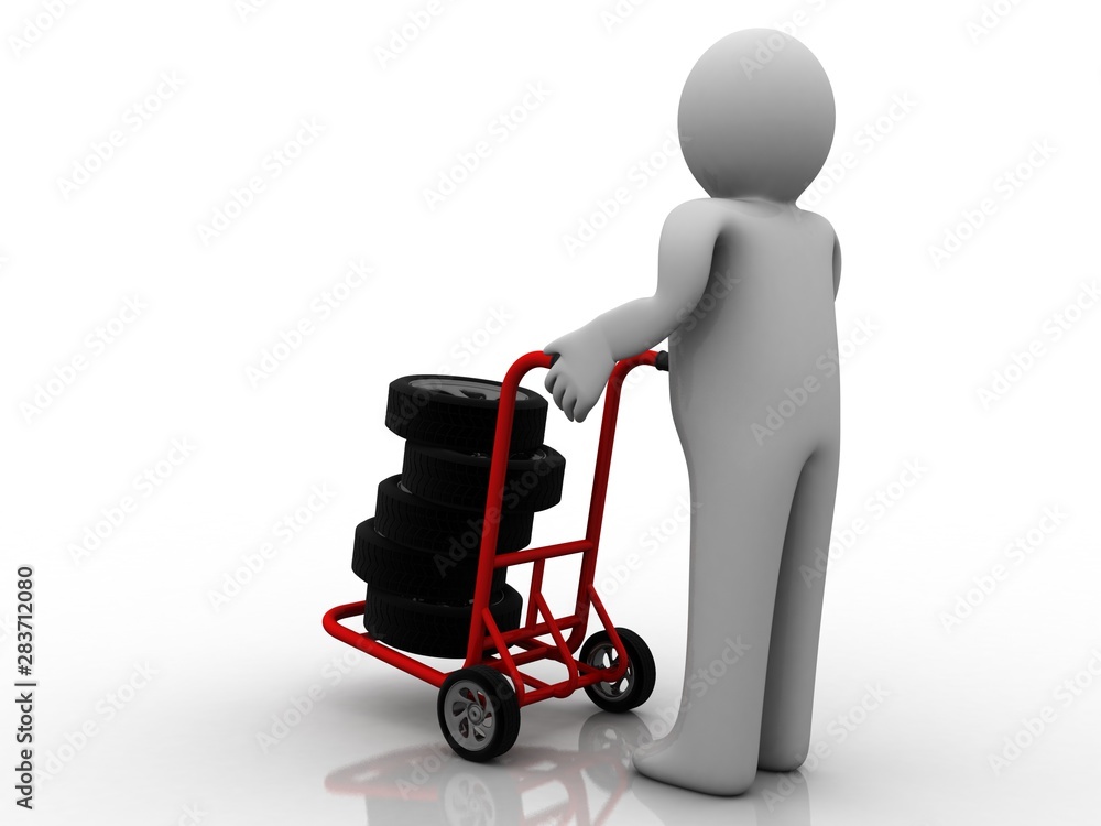 3d rendering Car wheel details in cart pushing car workshop technician 3d rendering Car wheel details in cart pushing car workshop technician