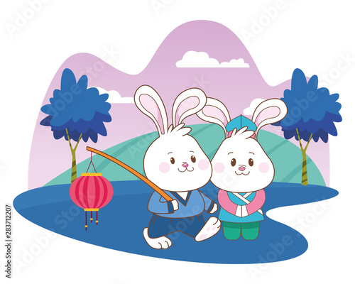 Fototapeta Naklejka Na Ścianę i Meble -  Rabbits in mid autumn festival cartoons