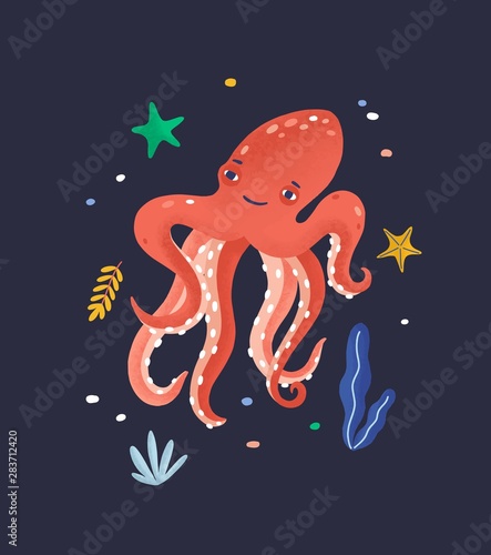 Happy octopus isolated on dark background. Lovely marine animal, cute funny mollusc, seabed dweller, underwater creature. Exotic fauna of tropical sea or ocean. Flat cartoon vector illustration.
