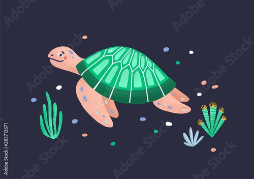 Funny amusing sea turtle isolated on dark background