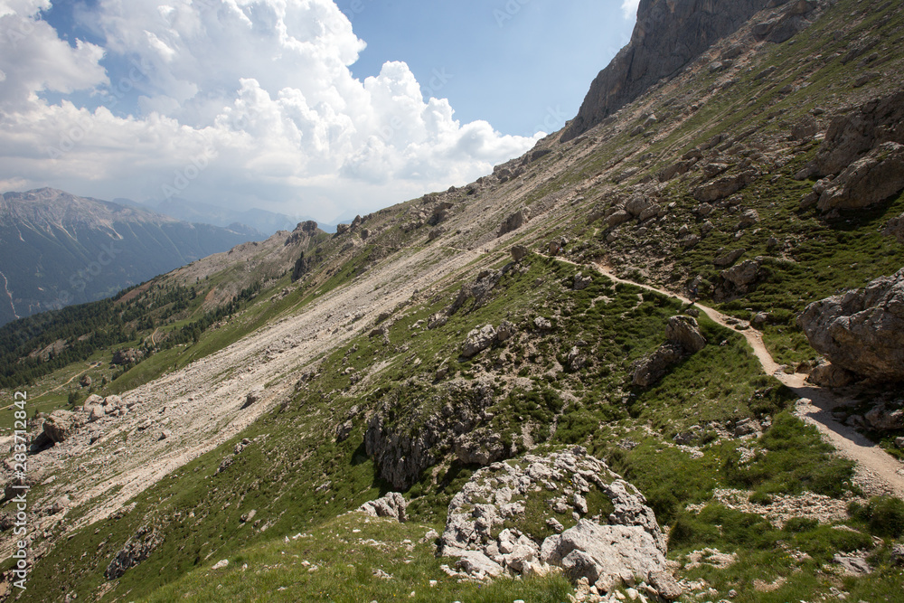 Mugoni's small mountain group Cima Sud South summit and Zigolade pass as seen f in the middle of Catinaccio Rosengarten massif, Dolomites, Sout Tyrol, Italy