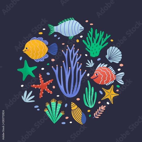 Round composition with happy marine animals or funny underwater creatures living in sea. Circular decorative design element with ocean fauna. Flat cartoon vector illustration for wrapping paper.