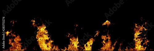 Real fire flames isolated on black background. Mockup on black of 5 flames.