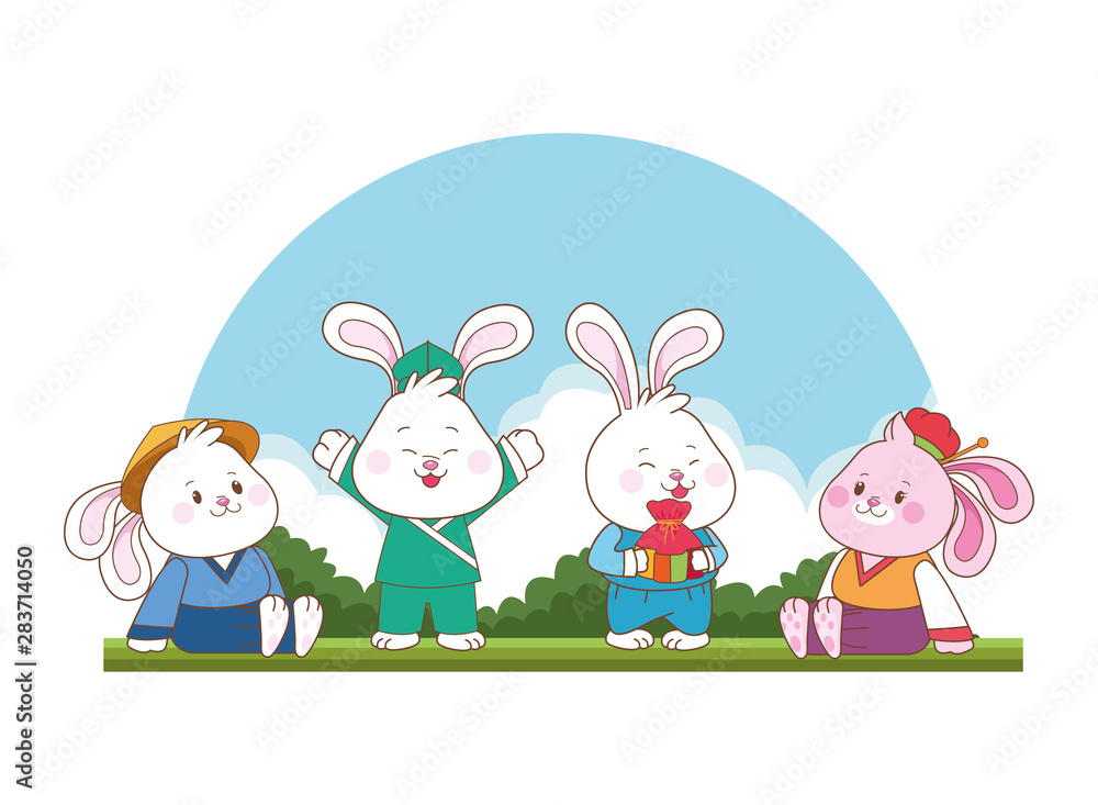 Fototapeta premium Rabbits celebrating mid autumn festival cartoons