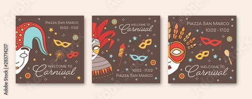 Collection of square card or party invitation templates with traditional Venetian masks and costumes for carnival, Mardi Gras show, performance or masquerade ball. Vector illustration in linear style.