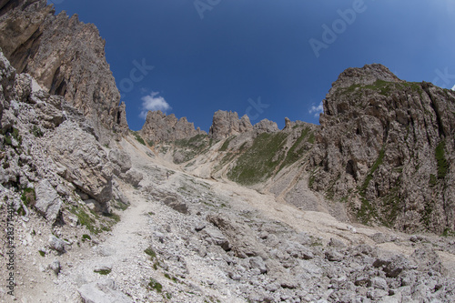 Mugoni's small mountain group Cima Sud South summit and Zigolade pass as seen f in the middle of Catinaccio Rosengarten massif, Dolomites, Sout Tyrol, Italy