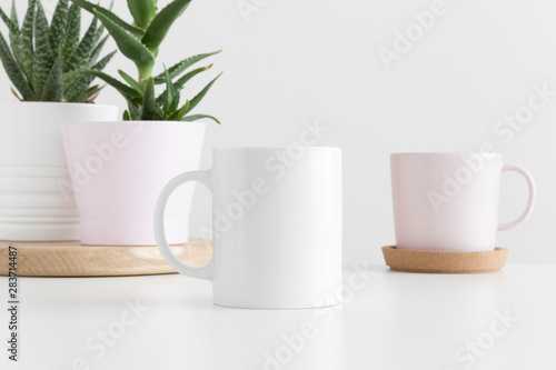 White mug mockup with various types of succulent plants on a white table.