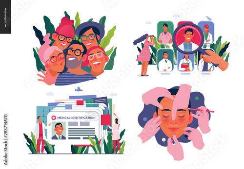 Set of medical insurance illustrations -opticians shop, find a doctor, medical id, health card, cosmetic, plastic surgery - modern flat vector concept digital illustrations, insurance plan metaphor