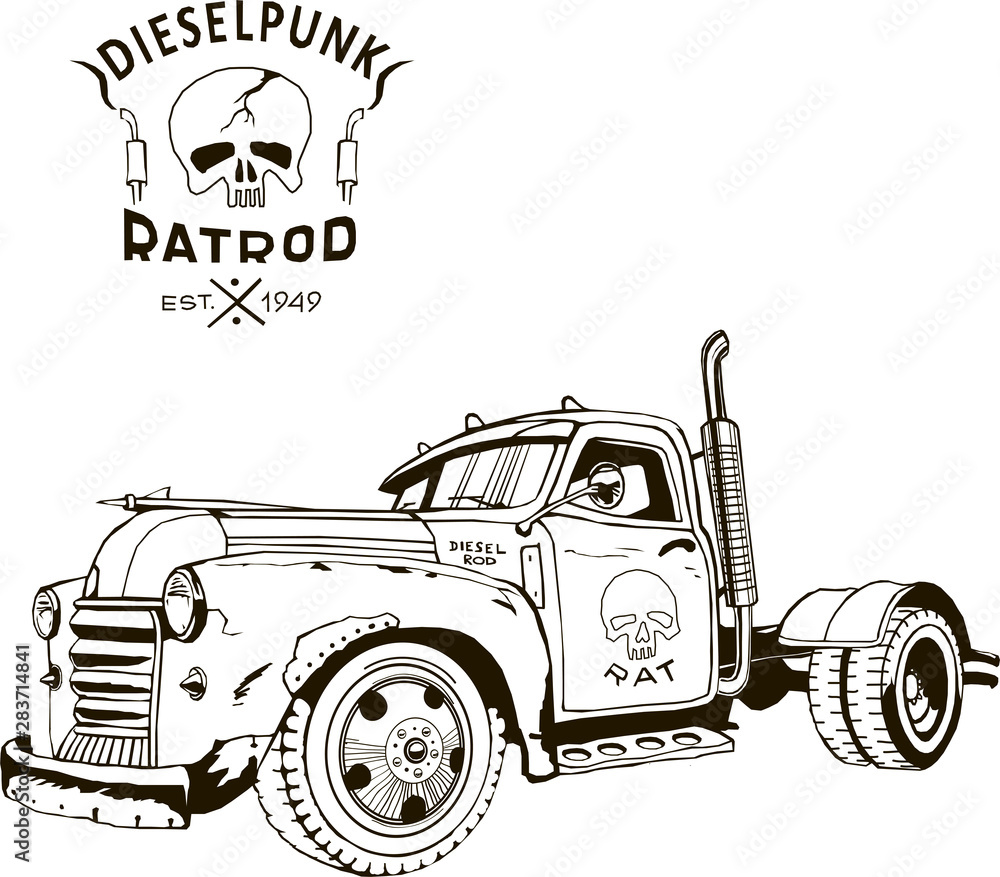 diesel punk hot rod truck, isolated, vector arts, kustom kulture, post apocalypse zombie war