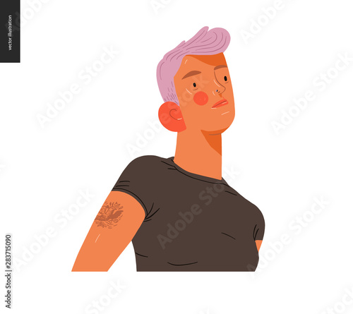 Real people portrait - hand drawn flat style vector design concept illustration of a young pink-haired blond woman, face and shoulders avatar. Flat style vector icon