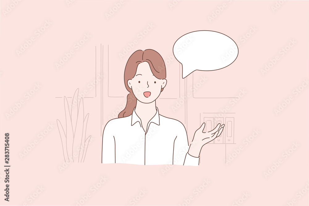 Young beautiful woman or clerk holds a webinar, Blog, Vlog, advertises in front of the webcam at the office. Confident Businesswoman makes a presentation, training. Cartoon flat Design Isolated Vector Young beautiful woman or clerk holds a webinar, Blog, Vlog, advertises in front of the webcam at the office. Confident Businesswoman makes a presentation, training. Cartoon flat Design Isolated Vector