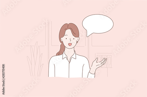 Young beautiful woman or clerk holds a webinar, Blog, Vlog, advertises in front of the webcam at the office. Confident Businesswoman makes a presentation, training. Cartoon flat Design Isolated Vector