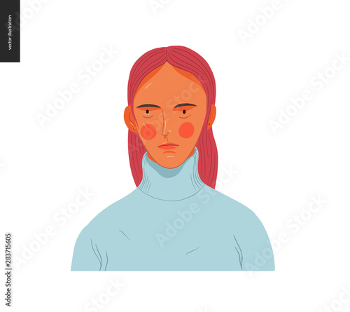 Real people portrait - hand drawn flat style vector design concept illustration of a young red-haired woman, face and shoulders avatar. Flat style vector icon