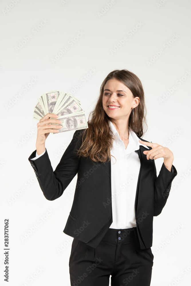Western businesswoman rich from income successful businesses with happy emotions Western businesswoman rich from income successful businesses with happy emotions
