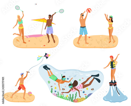 Coastal summer vacation vector, people relaxing by beach and sea water. Playing volleyball and tennis, paper kite and snorkeling. Divers underwater exploring ocean, summertime activity