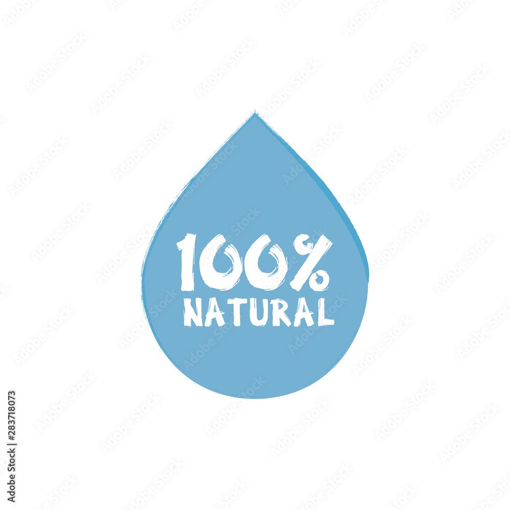 Illustration with blue water drop Vector 100% natural label. A silhouette inscription. Bio concept. Illustration with blue water drop Vector 100% natural label. A silhouette inscription. Bio concept.