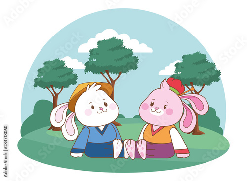 Rabbits in mid autumn festival cartoons © Jemastock