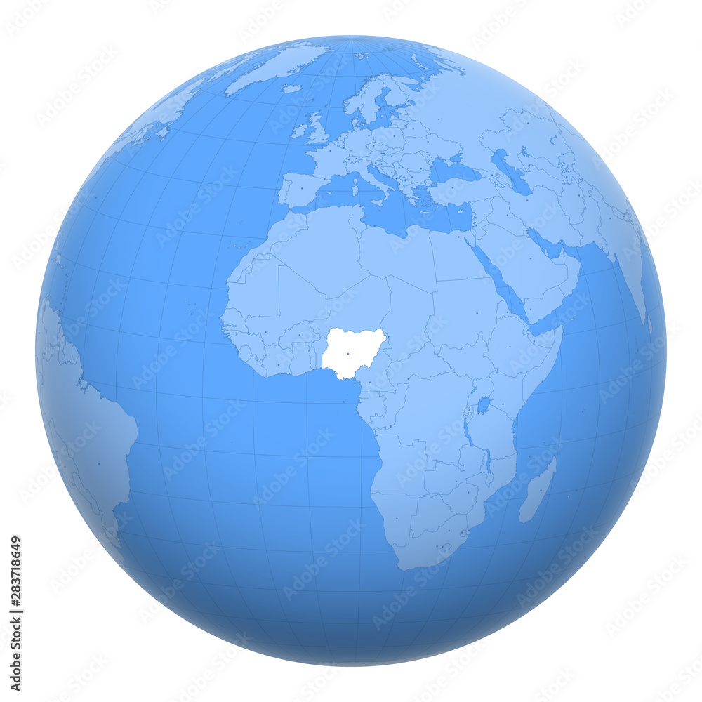 Nigeria on the globe. Earth centered at the location of the Federal Republic of Nigeria. Map of Nigeria. Includes layer with capital cities.