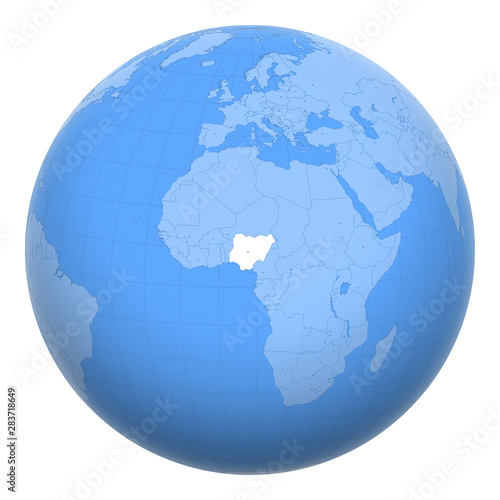 Nigeria on the globe. Earth centered at the location of the Federal Republic of Nigeria. Map of Nigeria. Includes layer with capital cities.