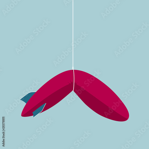 The airship hangs in midair. Isolated on blue background.