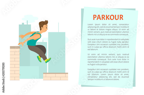 Extreme sport parkour poster decorated by man running by roof, buildings and skyscrapers. Person in sportwear jumping on skyscrapers, freerunning vector