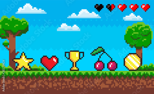 Pixel game scene vector, icons laying on ground. Tree and grass, trophy and heart, star and cherry, coin point score, meadow with sky and life scale, pixelated objects for video-game