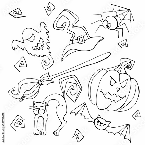Hand drawn Halloween set stickers, cartoon symbols pumpkin, broom, spider, bat, cat, witch hat, ghost, cast