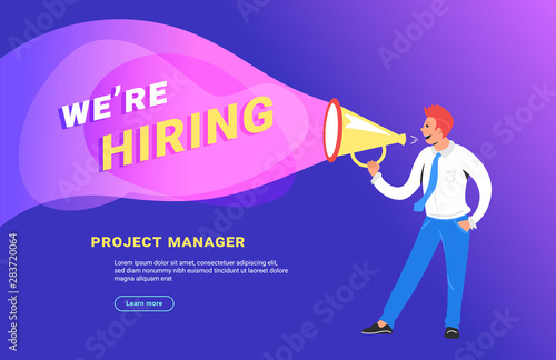 Refer a friend concept vector illustration of happy manager shouting on megaphone to invite new customers or users for his project