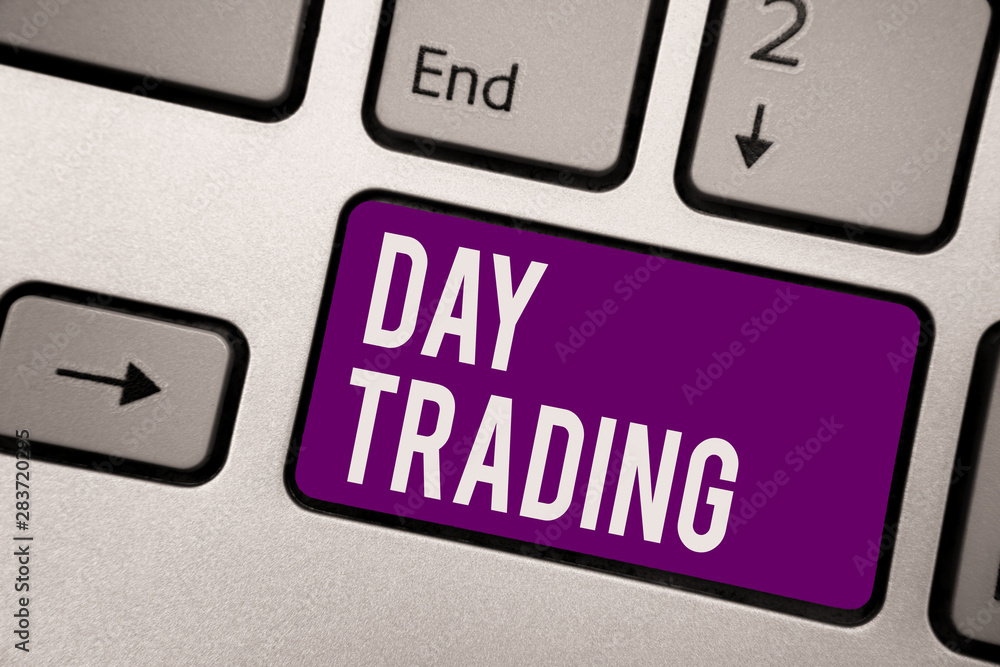 Conceptual hand writing showing Day Trading. Business photo showcasing securities specifically buying and selling financial instruments Keyboard purple key computer computing reflection document Conceptual hand writing showing Day Trading. Business photo showcasing securities specifically buying and selling financial instruments Keyboard purple key computer computing reflection document