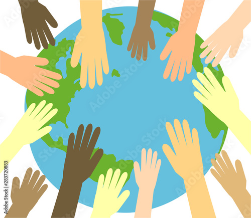 Hands of various people and planet Earth on a white background. Vector illustration.