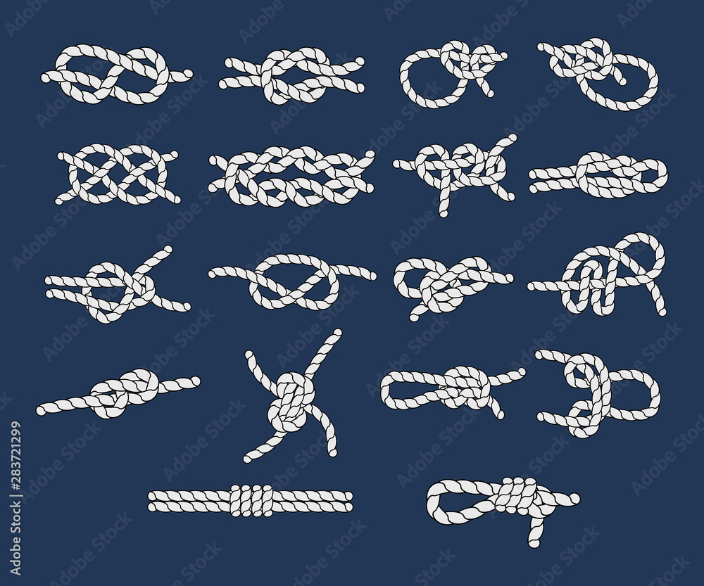 Sea knots and loops set. Marine rope and nautical knot, cord borders,  nautical loop vector illustration isolated Stock Vector