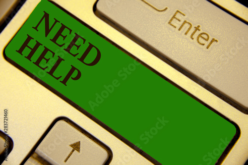 Conceptual hand writing showing Need Help. Business photo text When someone is under pressure and cannot handle the situation Keyboard green key create computer computing reflection document photo