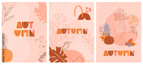 Set of abstract fall posters with autumn elements, shapes and plants in one line style. Background for mobile app page minimalistic style. Vector illustration