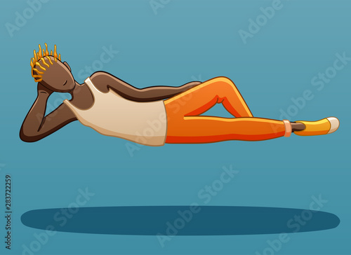 A dark-skinned guy with orange hair levitates in the air in a lying pose. He is dressed in a white T-shirt, orange pants and sneakers. There is shadow below him on the ground. Blue background, vector.