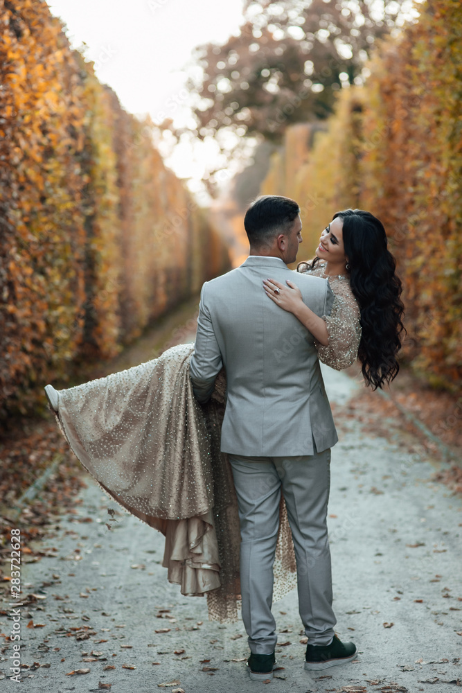 Fototapeta premium Happy young couple in love. Guy hugging a girl. The guy holding his girlfriend in his arms. Romantic relationship. Man in a grey suit. Pretty woman in a beautiful elegant dress. Love story.