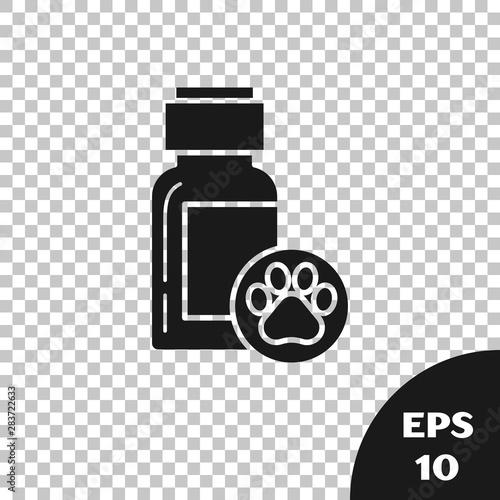 Black Dog medicine bottle icon isolated on transparent background. Container with pills. Prescription medicine for animal. Vector Illustration