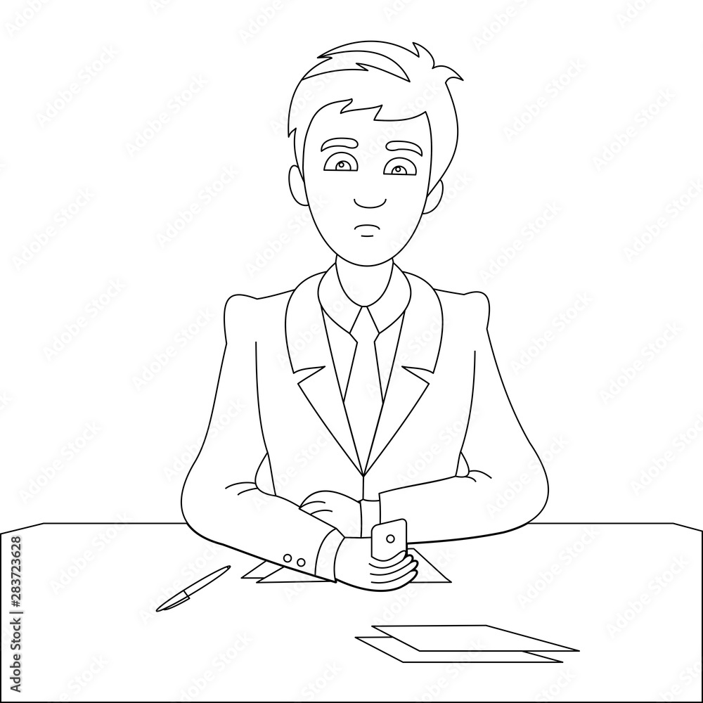 A businessman sitting behind the office desk in the office and makes a phone call to make his business successful. Vector illustration for get more profit. A businessman sitting behind the office desk in the office and makes a phone call to make his business successful. Vector illustration for get more profit.