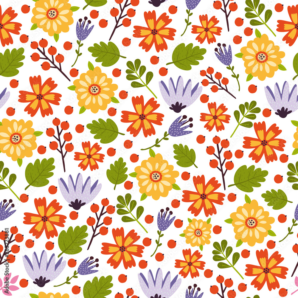 Vector seamless pattern with flowers and plant elements. bright color background