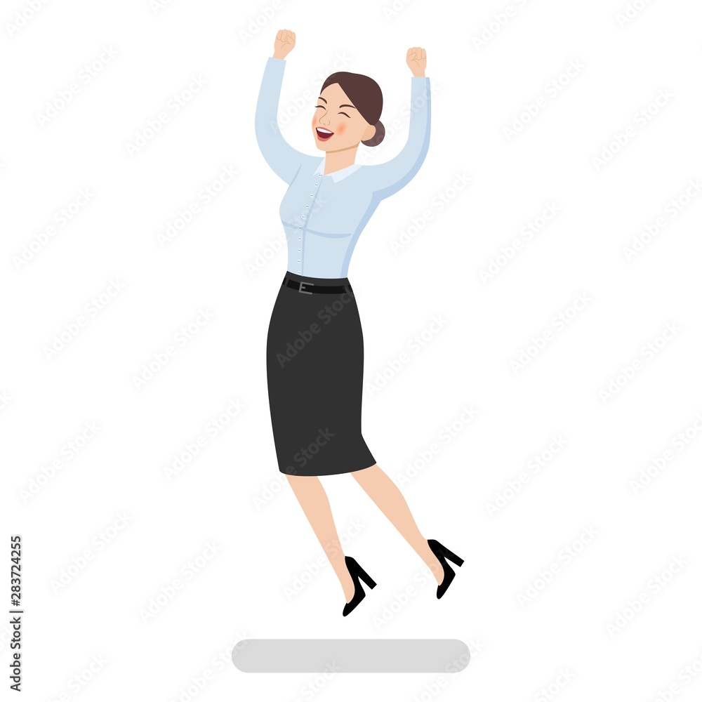 Happy business lady in business clothes jumping on a white background. Vector flat illustration. Happy business lady in business clothes jumping on a white background. Vector flat illustration.