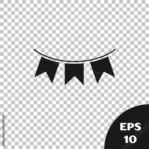 Black Carnival garland with flags icon isolated on transparent background. Party pennants for birthday celebration, festival and fair decoration. Vector Illustration