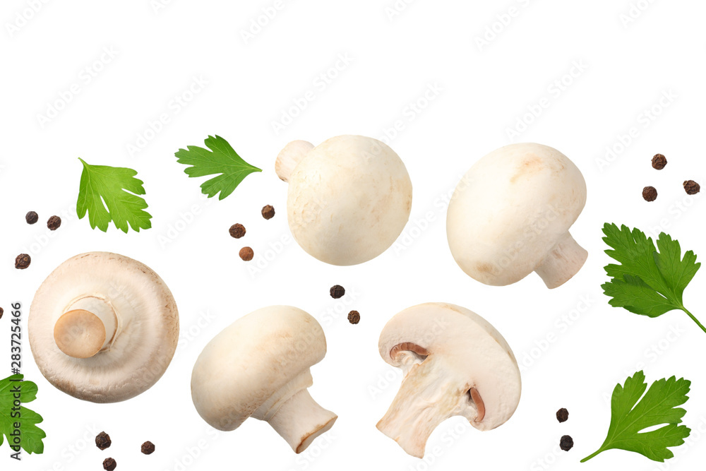 Fototapeta premium mushrooms with slices, parsley leaf and peppercorns isolated on white background. top view