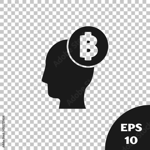 Black Bitcoin think icon isolated on transparent background. Cryptocurrency head. Blockchain technology, digital money market, cryptocoin wallet. Vector Illustration