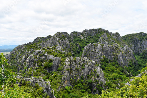 beautiful high stone rock in a green forest Has a white background