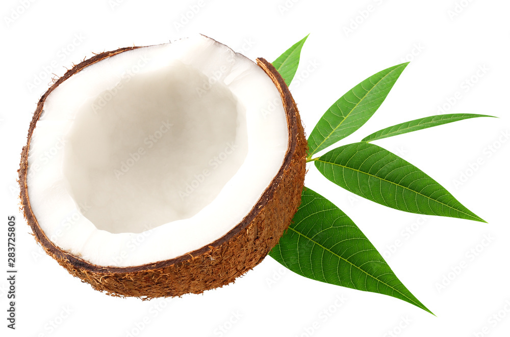 half of coconut with green leaves isolated on white background half of coconut with green leaves isolated on white background