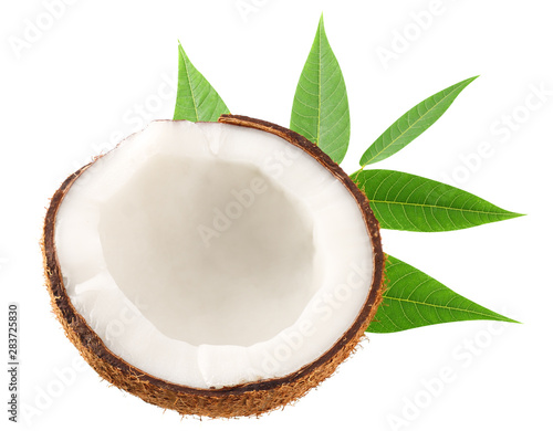 half of coconut with green leaves isolated on white background