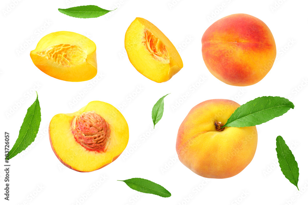 peach fruit with green leaf and slices isolated on white background. top view peach fruit with green leaf and slices isolated on white background. top view
