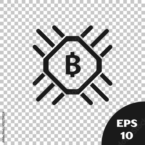 Black CPU mining farm icon isolated on transparent background. Bitcoin sign inside processor. Cryptocurrency mining community. Digital money. Vector Illustration