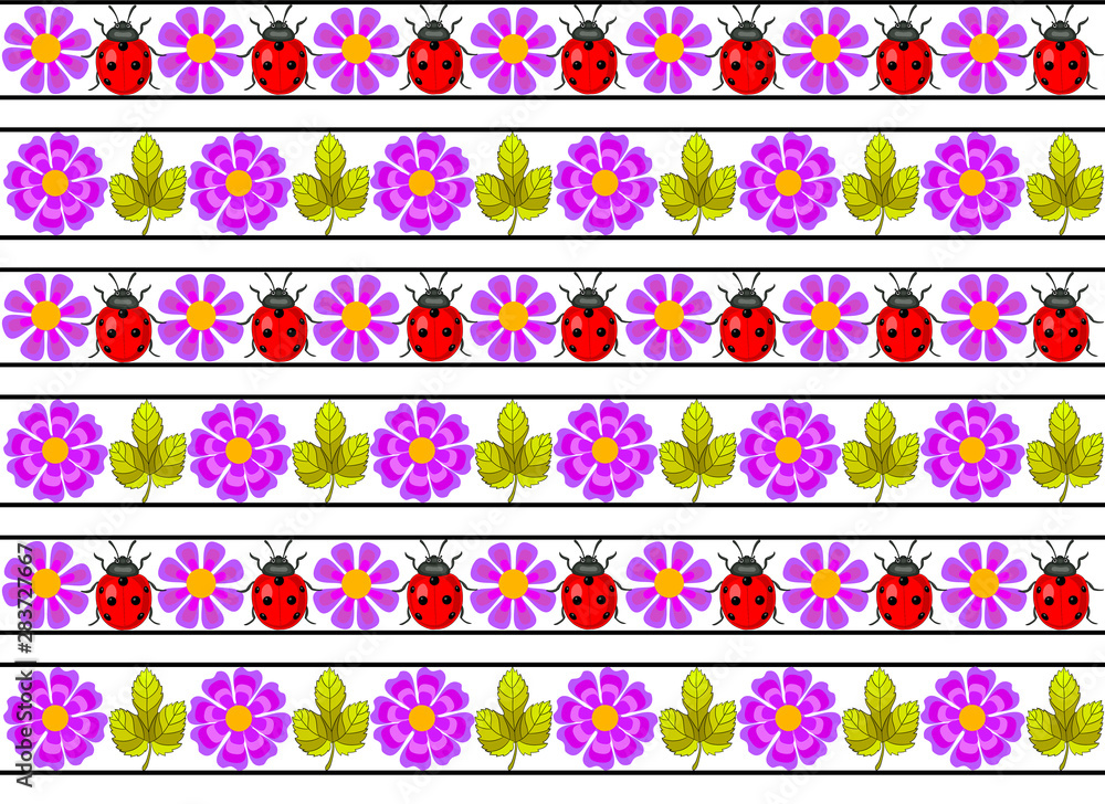 Seamless pattern of rows of ornaments, ladybug, flowers, leaves