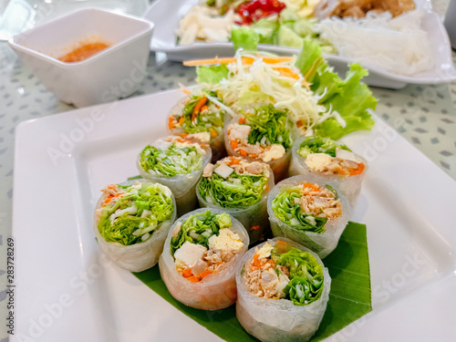 Thai Fresh Spring Rolls With Pork and Shrimp . Recommended food dishes in Thailand