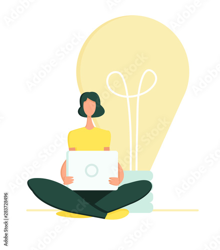 A girl with a laptop is working, studying online. Search for ideas, insight concept. Online education, internet marketing, online startup. Vector illustration for banners, web design, advertising post